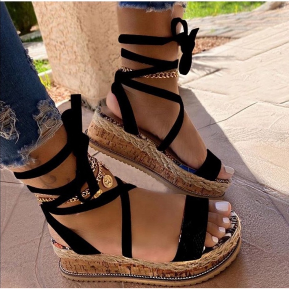 Open Toe Strappy Platform Lace-Up Sandals